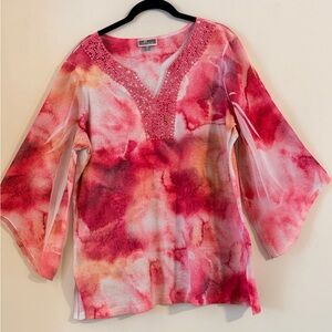 JM Collection Pink Coral Watercolor V-Neck Tunic with Lace Trim Size OX